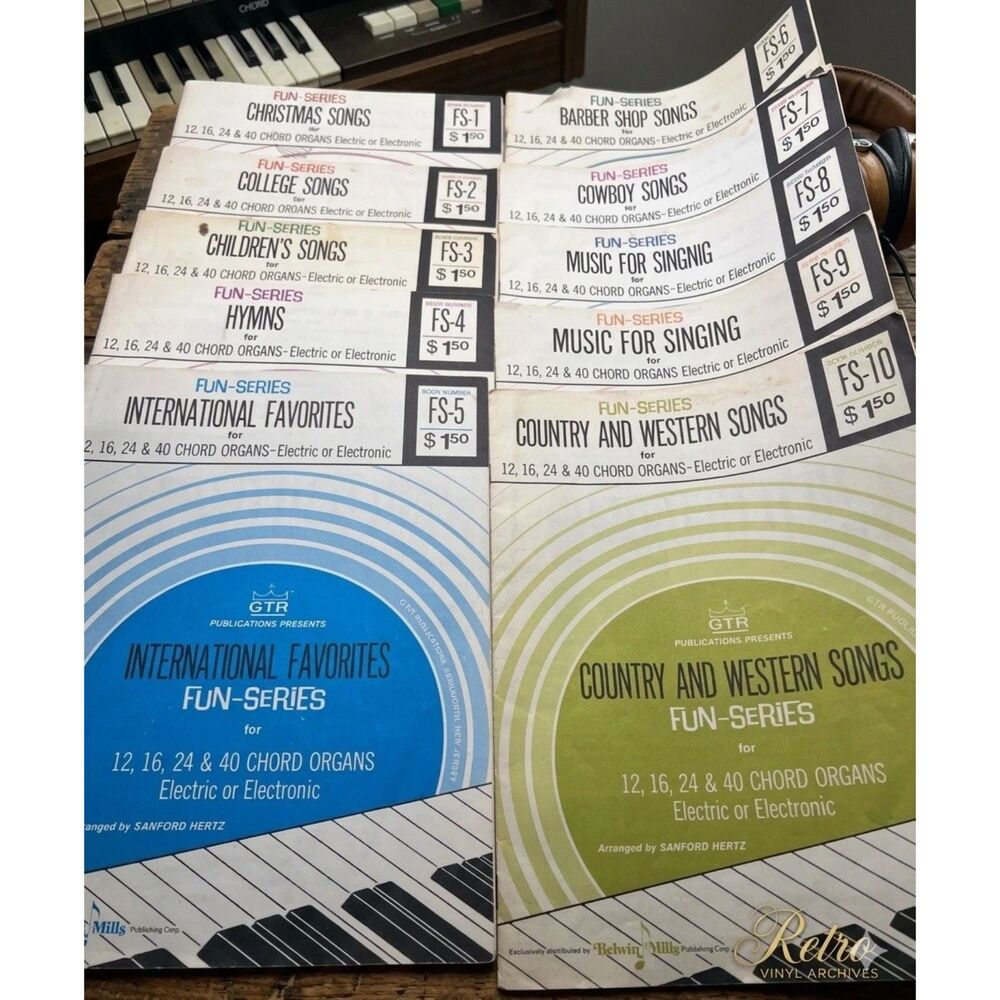 GTR Fun Series Chord Organ Songbooks Lot FS-1-10 Music Books 1980s Belwin Mills